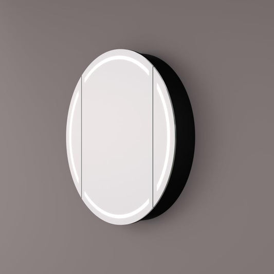 Voorraad Luxe ronde spiegelkast in mat zwart met LED baan rondom 60x13cm + spiegelverwarming + geaard stopcontact + verstelbare glazen planchetten